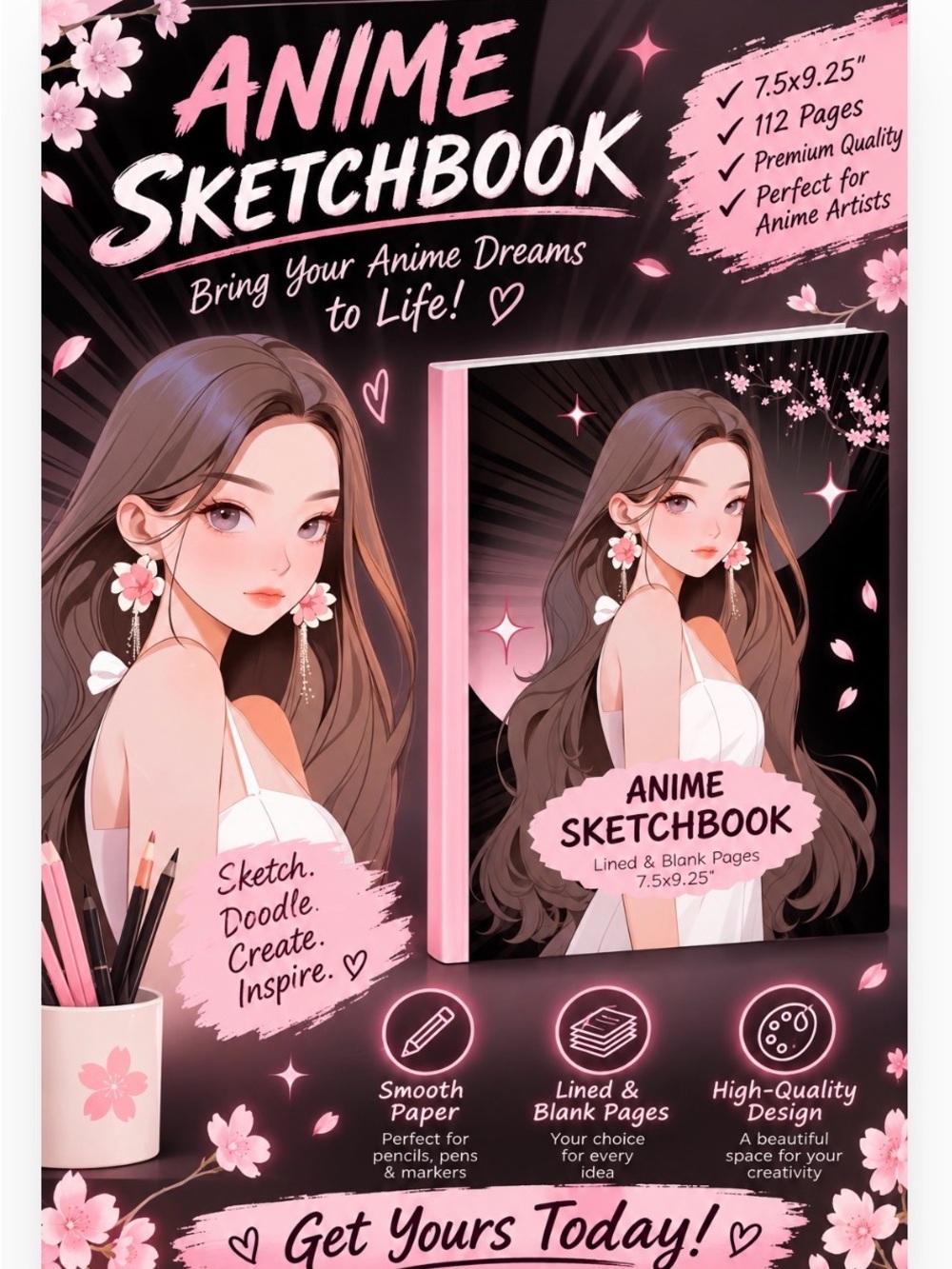 Anime Sketchbook — Pink Pretty Girl Cover Sketch Book for Artists